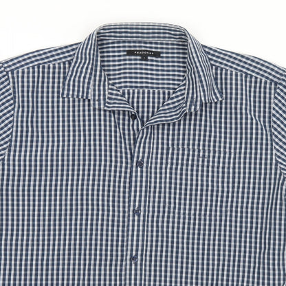 Peacocks Mens Blue Check Polyester  Button-Up Size L Collared Button