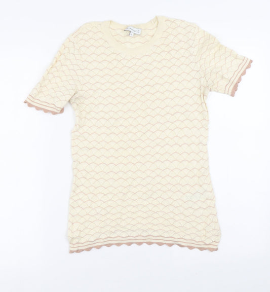 Warehouse Womens Yellow Geometric Cotton Basic Blouse Size 10 Crew Neck
