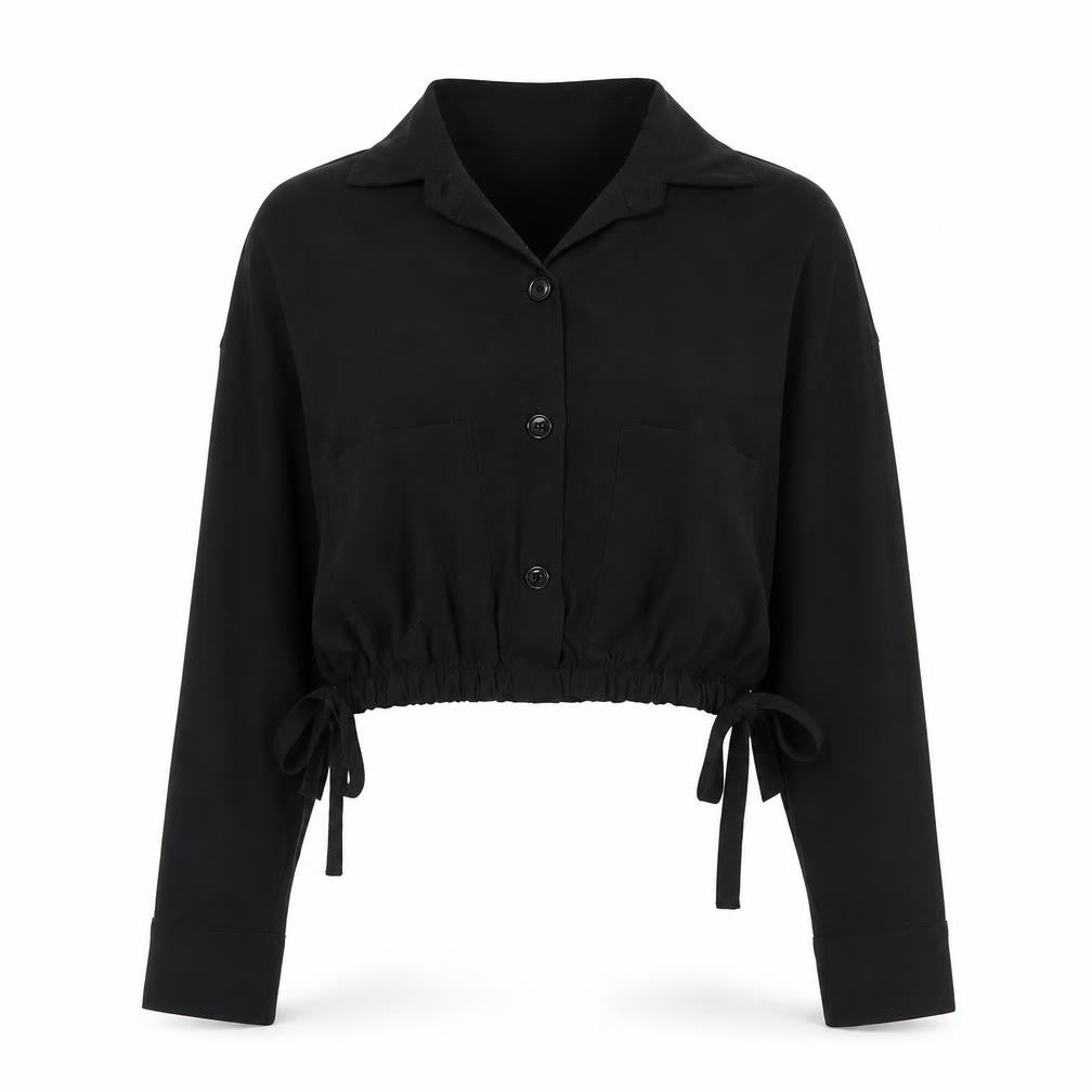 Made in Italy Womens Black  Viscose Cropped Button-Up Size S Collared
