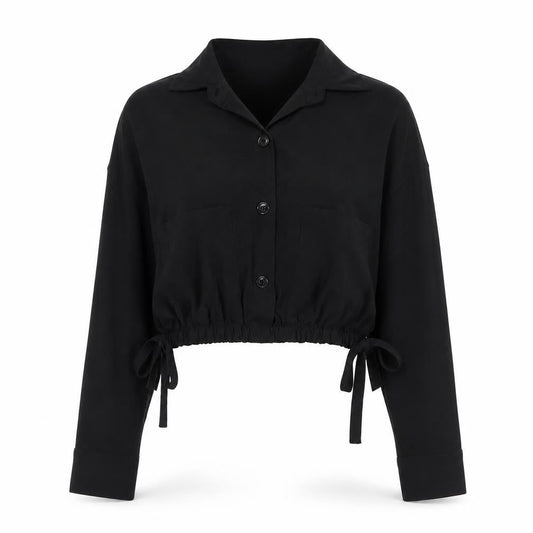 Made in Italy Womens Black  Viscose Cropped Button-Up Size S Collared