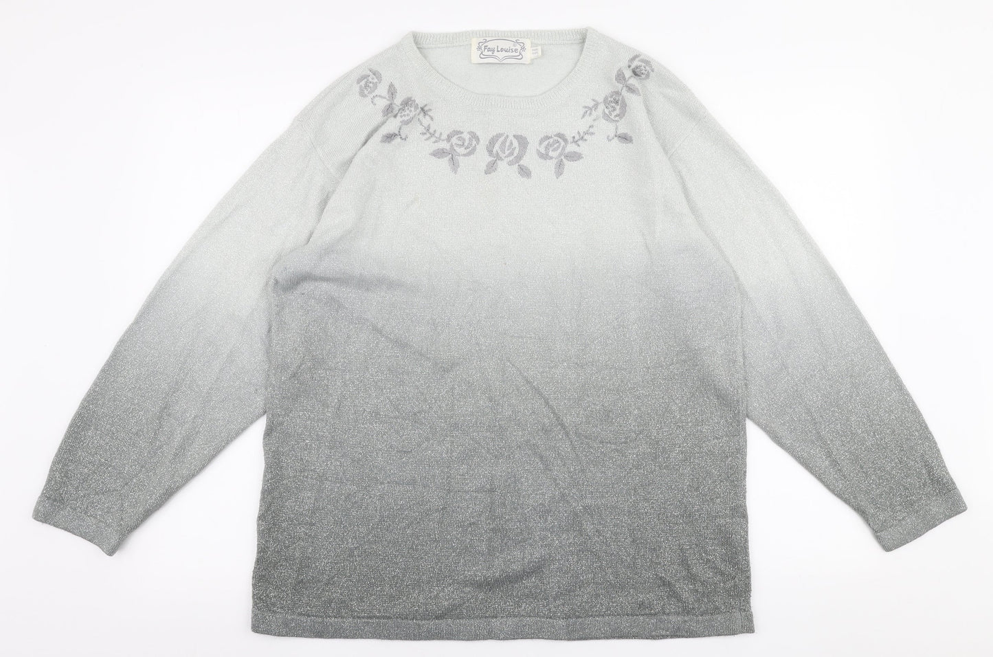 Fay Louise Womens Grey Round Neck Floral Acrylic Pullover Jumper One Size