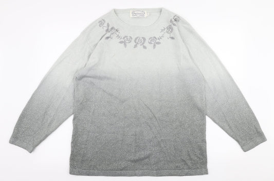 Fay Louise Womens Grey Round Neck Floral Acrylic Pullover Jumper One Size