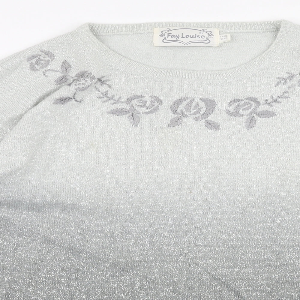 Fay Louise Womens Grey Round Neck Floral Acrylic Pullover Jumper One Size