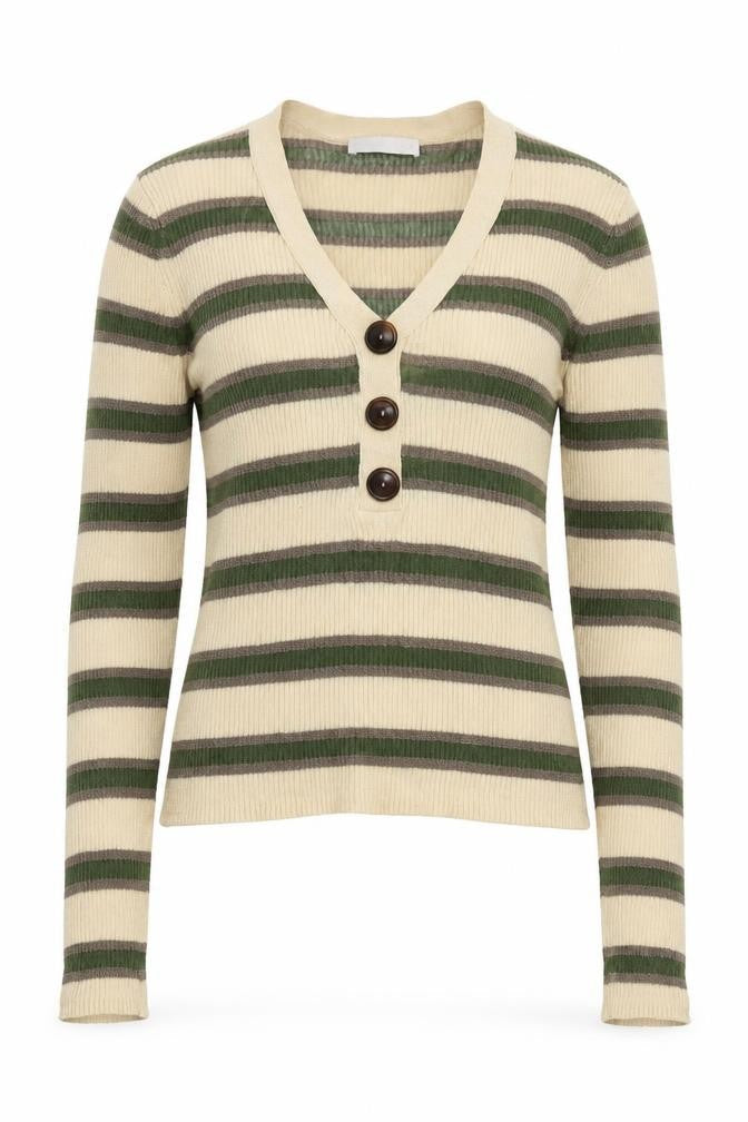 Per Una Womens Beige V-Neck Striped Cotton Pullover Jumper Size 12