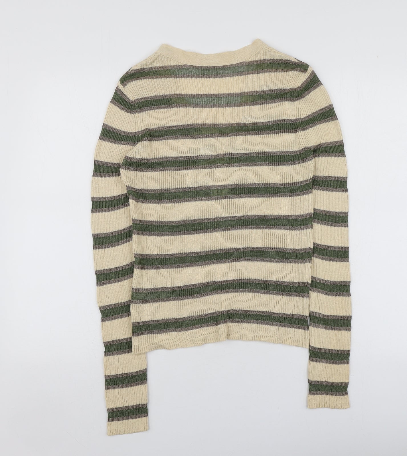 Per Una Womens Beige V-Neck Striped Cotton Pullover Jumper Size 12