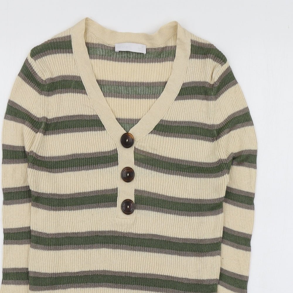 Per Una Womens Beige V-Neck Striped Cotton Pullover Jumper Size 12