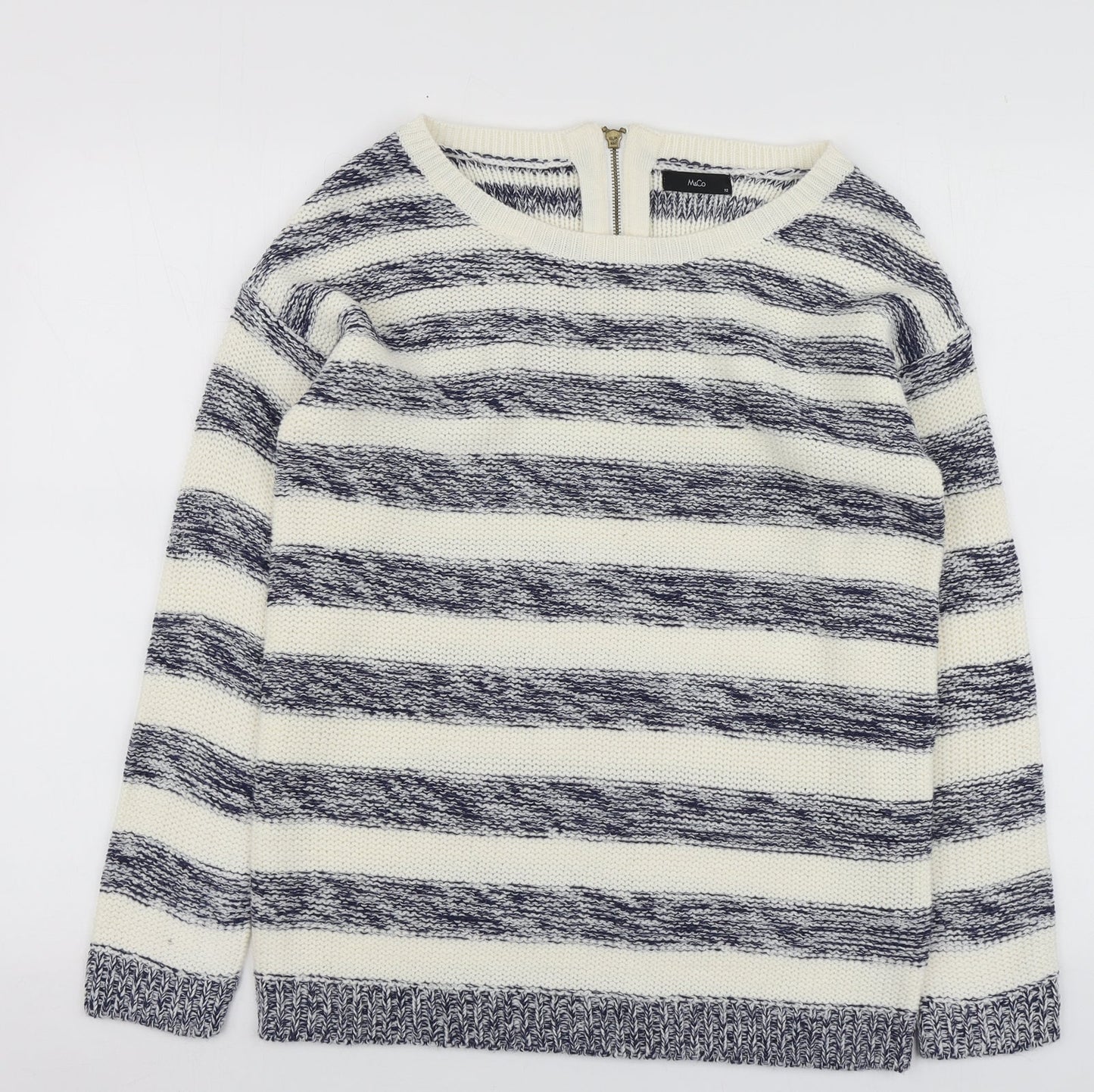 M&Co Womens Blue Round Neck Striped Acrylic Pullover Jumper Size 12