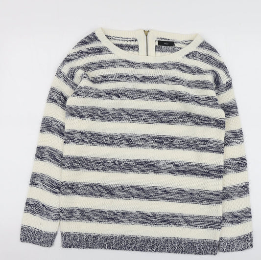 M&Co Womens Blue Round Neck Striped Acrylic Pullover Jumper Size 12