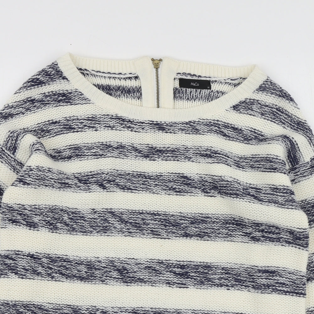 M&Co Womens Blue Round Neck Striped Acrylic Pullover Jumper Size 12