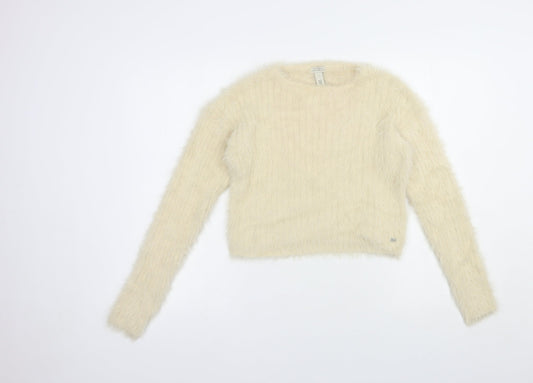 Pull&Bear Womens Beige Crew Neck  Nylon Pullover Jumper Size XS   - Cropped
