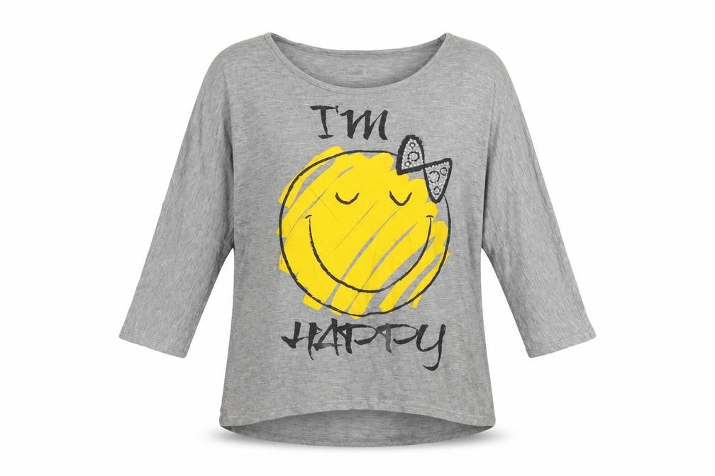 FULL TILT Womens Grey  Viscose Basic T-Shirt Size M Boat Neck - Happy
