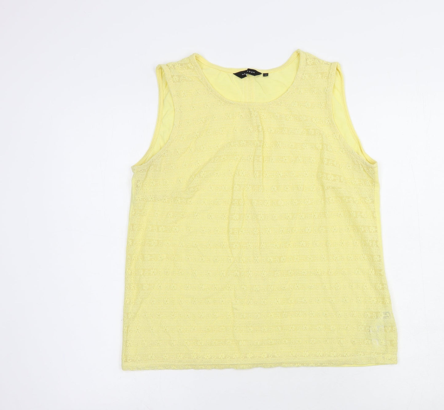 New Look Womens Yellow Floral Cotton Basic Blouse Size 14 Boat Neck - Lace Front