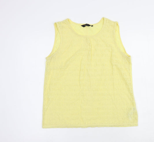 New Look Womens Yellow Floral Cotton Basic Blouse Size 14 Boat Neck - Lace Front