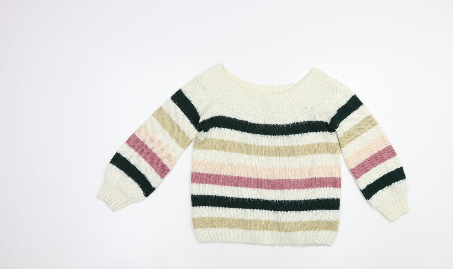 Miss Selfridge Womens Ivory Boat Neck Striped Acrylic Pullover Jumper Size 6