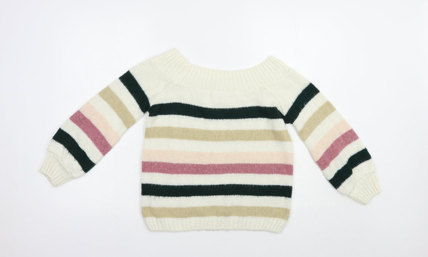 Miss Selfridge Womens Ivory Boat Neck Striped Acrylic Pullover Jumper Size 6