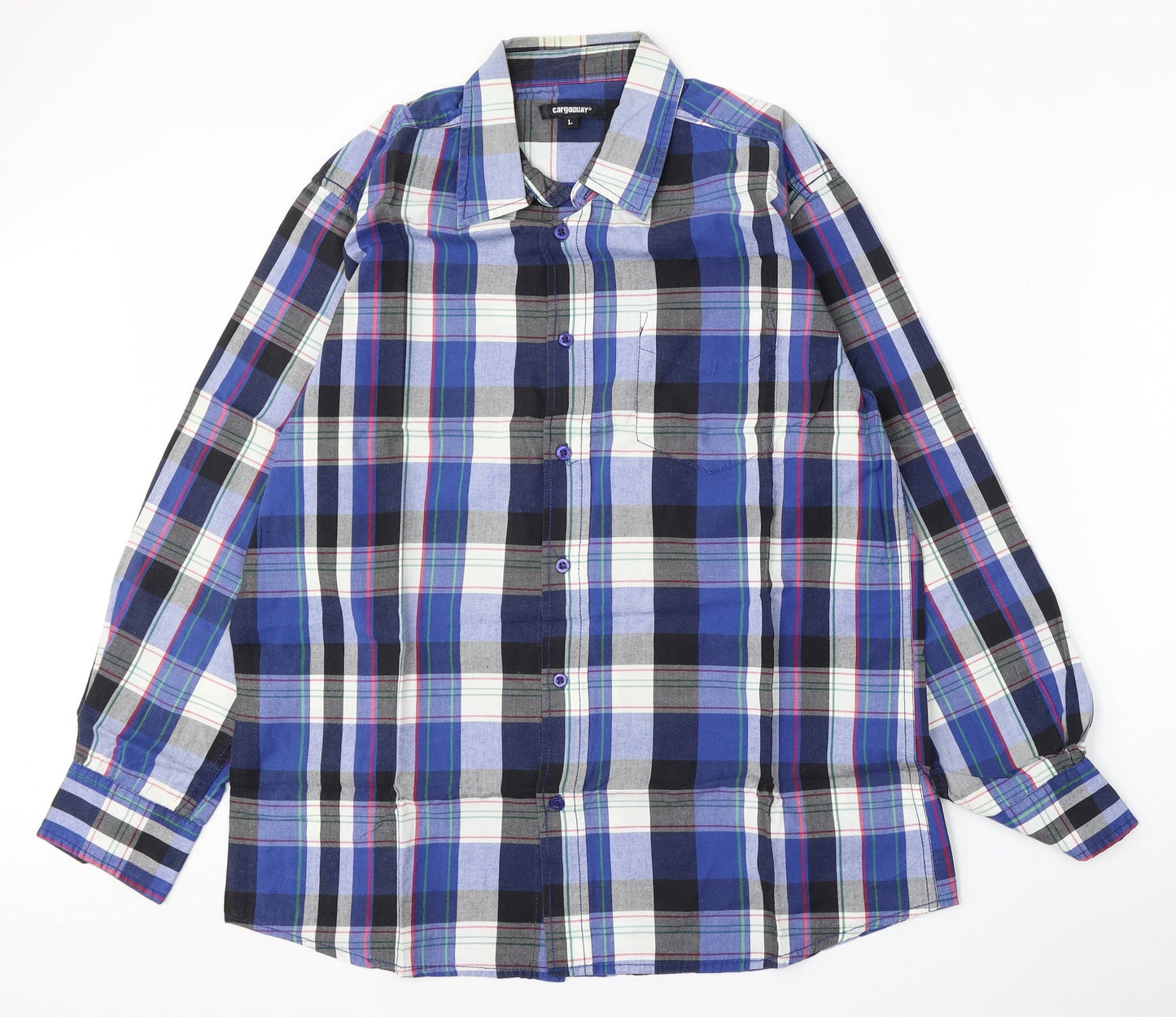 cargoquay Mens Blue Plaid Cotton  Button-Up Size L Collared Button