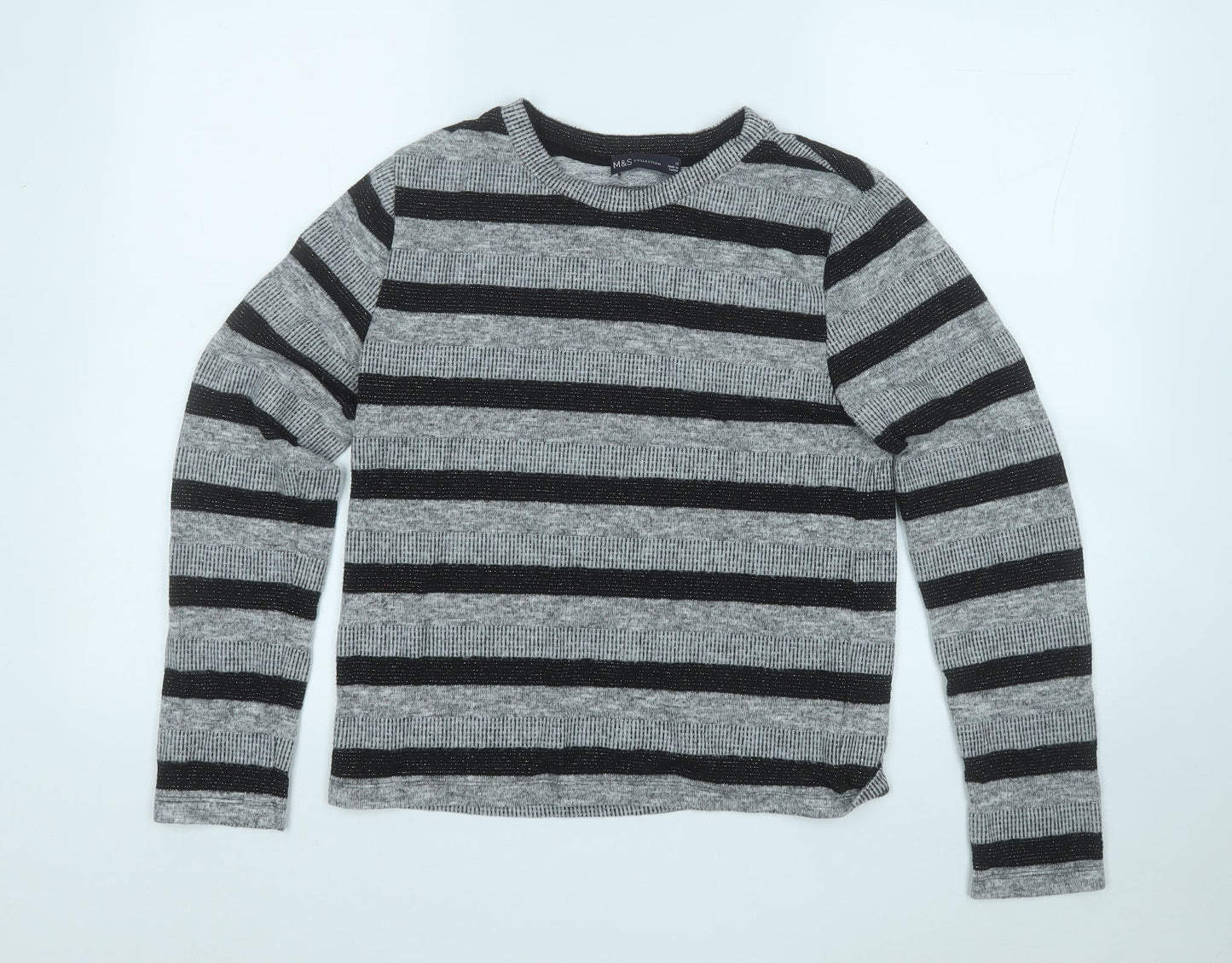 Marks and Spencer Womens Grey Round Neck Striped Polyester Pullover Jumper Size 12