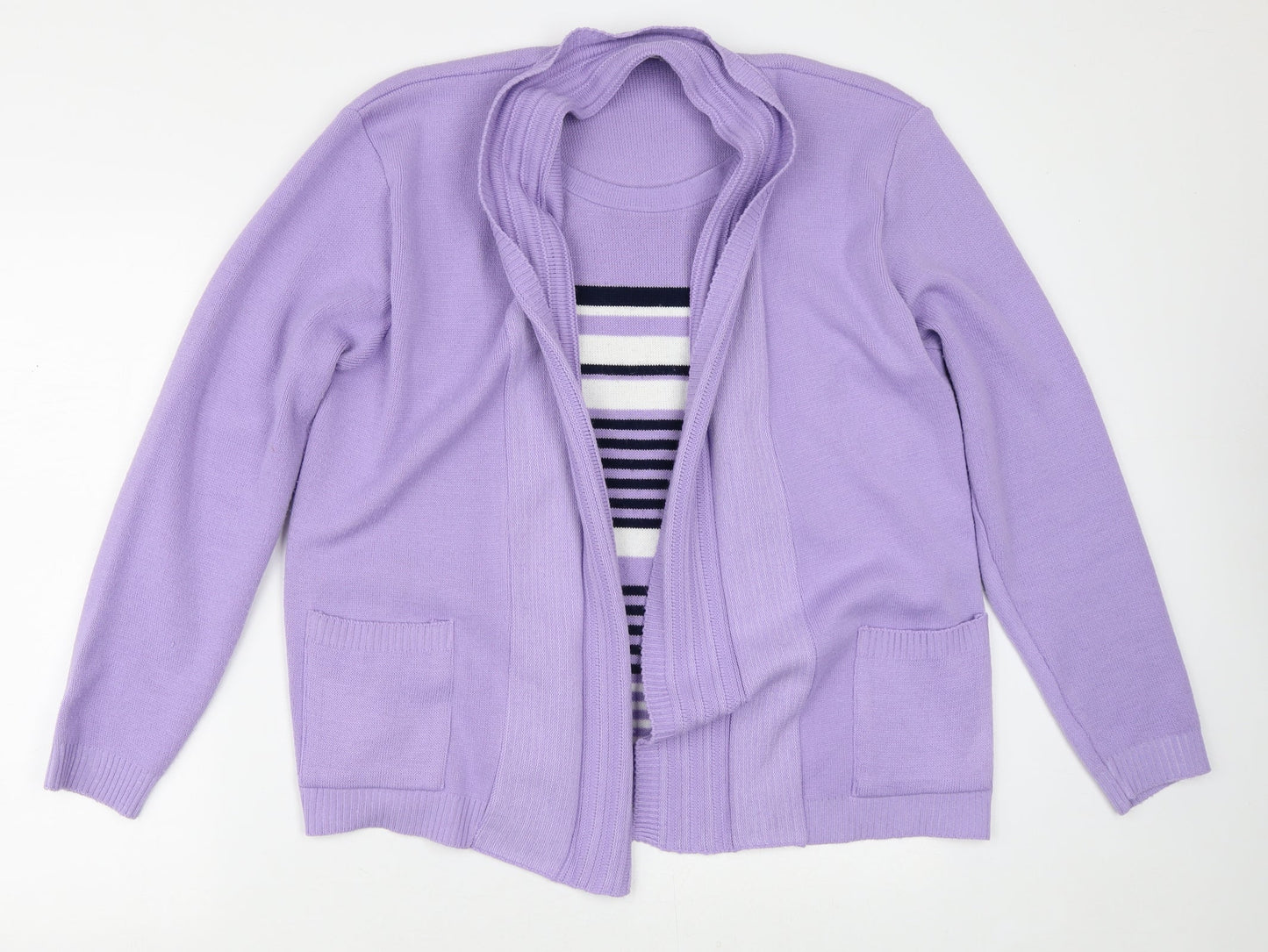 Hand Womens Purple V-Neck Striped Acrylic Cardigan Jumper Size L   - 2 Layers