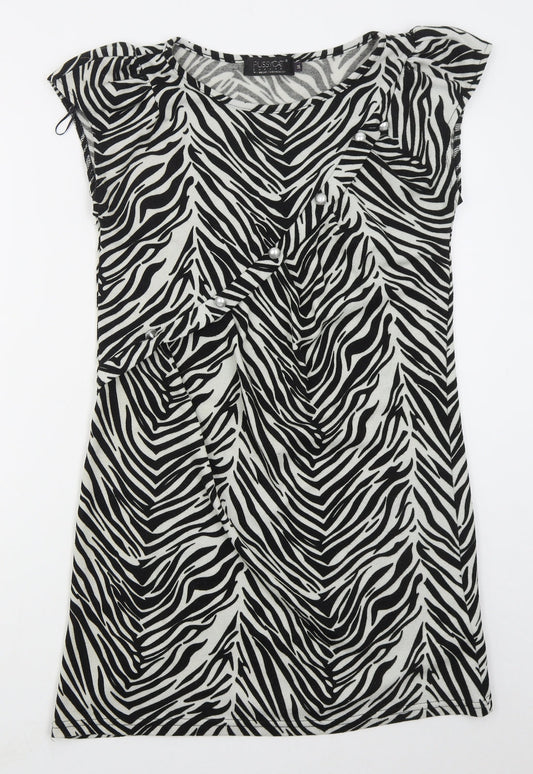 Pussycat Womens Black Animal Print Polyester Mini  Size 14  Round Neck Pullover - Zebra Print