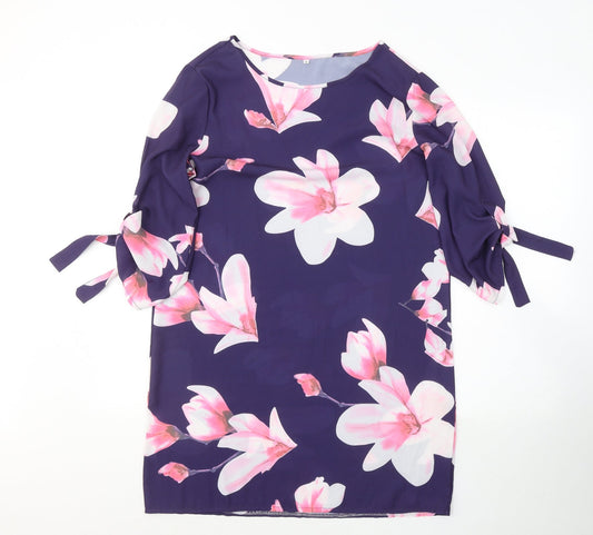 Preworn Womens Purple Floral Polyester A-Line  Size L  Round Neck Pullover