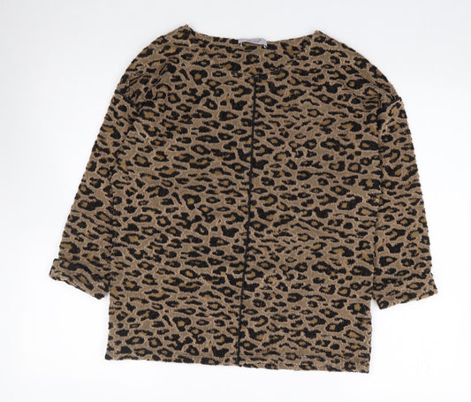 Marks and Spencer Womens Brown Animal Print Polyester Jersey T-Shirt Size 8 Round Neck