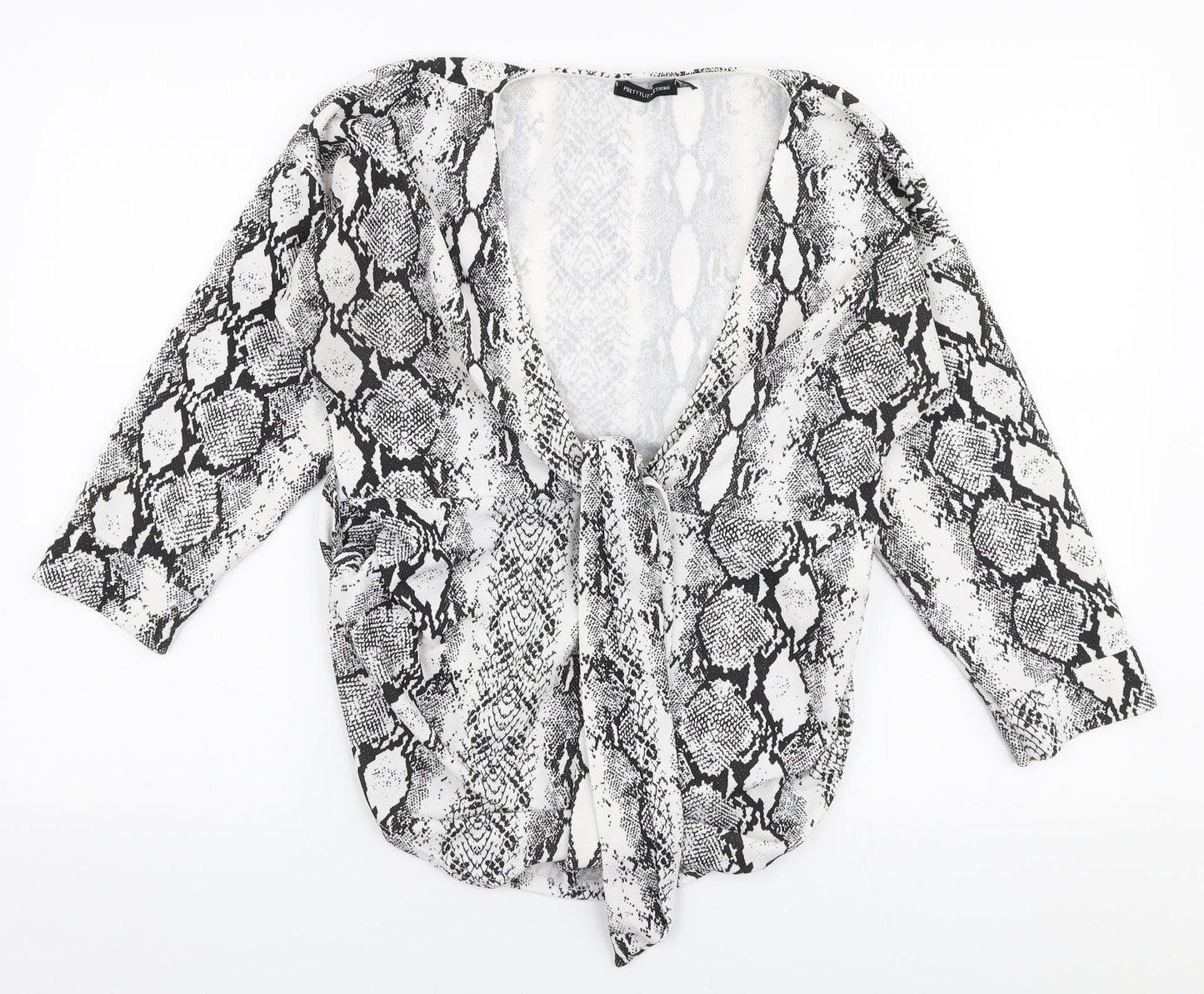 PRETTYLITTLETHING Womens White Animal Print Polyester Basic Blouse Size 14 V-Neck
