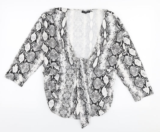 PRETTYLITTLETHING Womens White Animal Print Polyester Basic Blouse Size 14 V-Neck