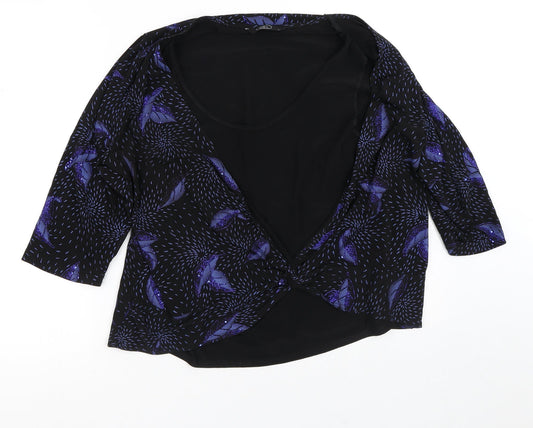 Bonmarché Womens Black Round Neck Geometric Polyester Cardigan Jumper Size L   - Two Layers, Birds