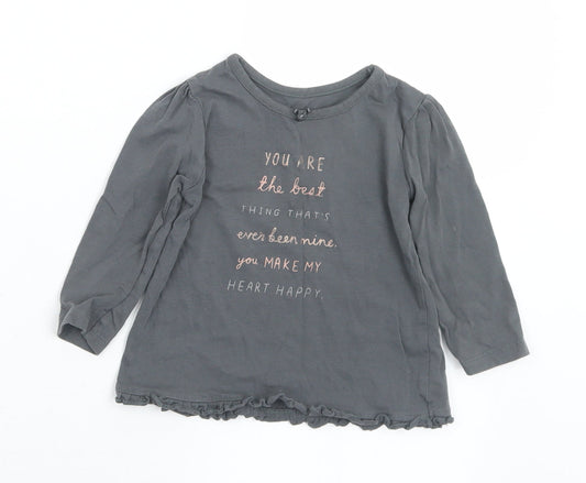 George Girls Grey  Cotton Basic T-Shirt Size 9-12 Months Round Neck  - Slogan