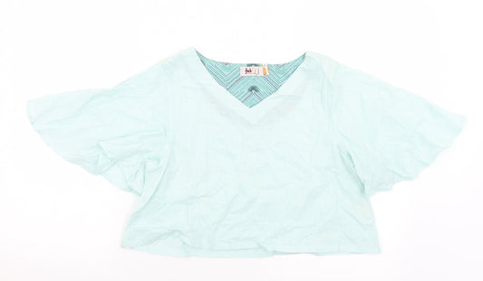 Fab Womens Green  Cotton Cropped Blouse Size M V-Neck