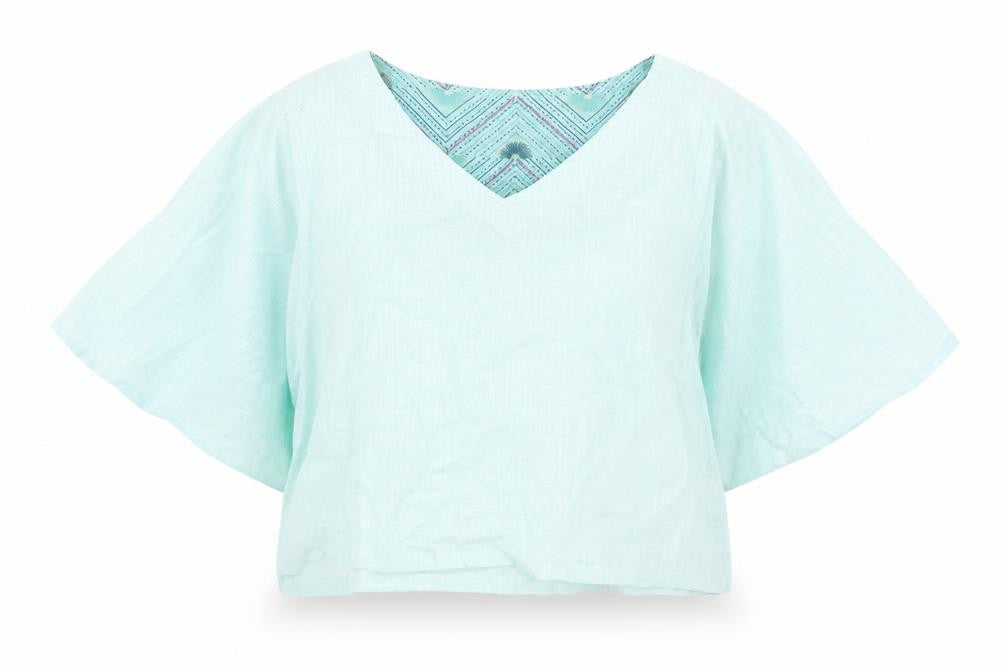 Fab Womens Green  Cotton Cropped Blouse Size M V-Neck