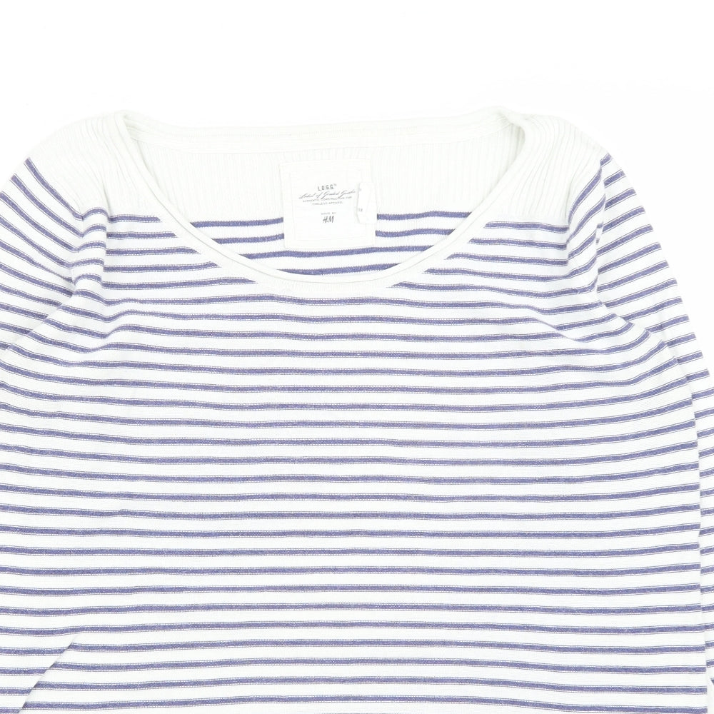 H&M Womens White Scoop Neck Striped Cotton Pullover Jumper Size M