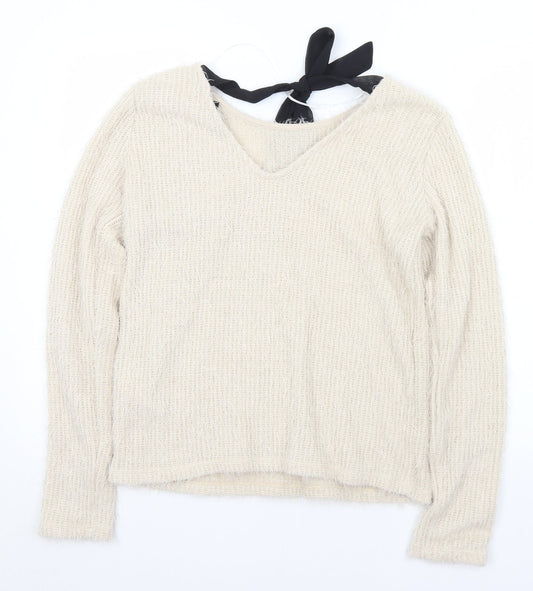 VERO MODA Womens Ivory V-Neck  Polyester Pullover Jumper Size L