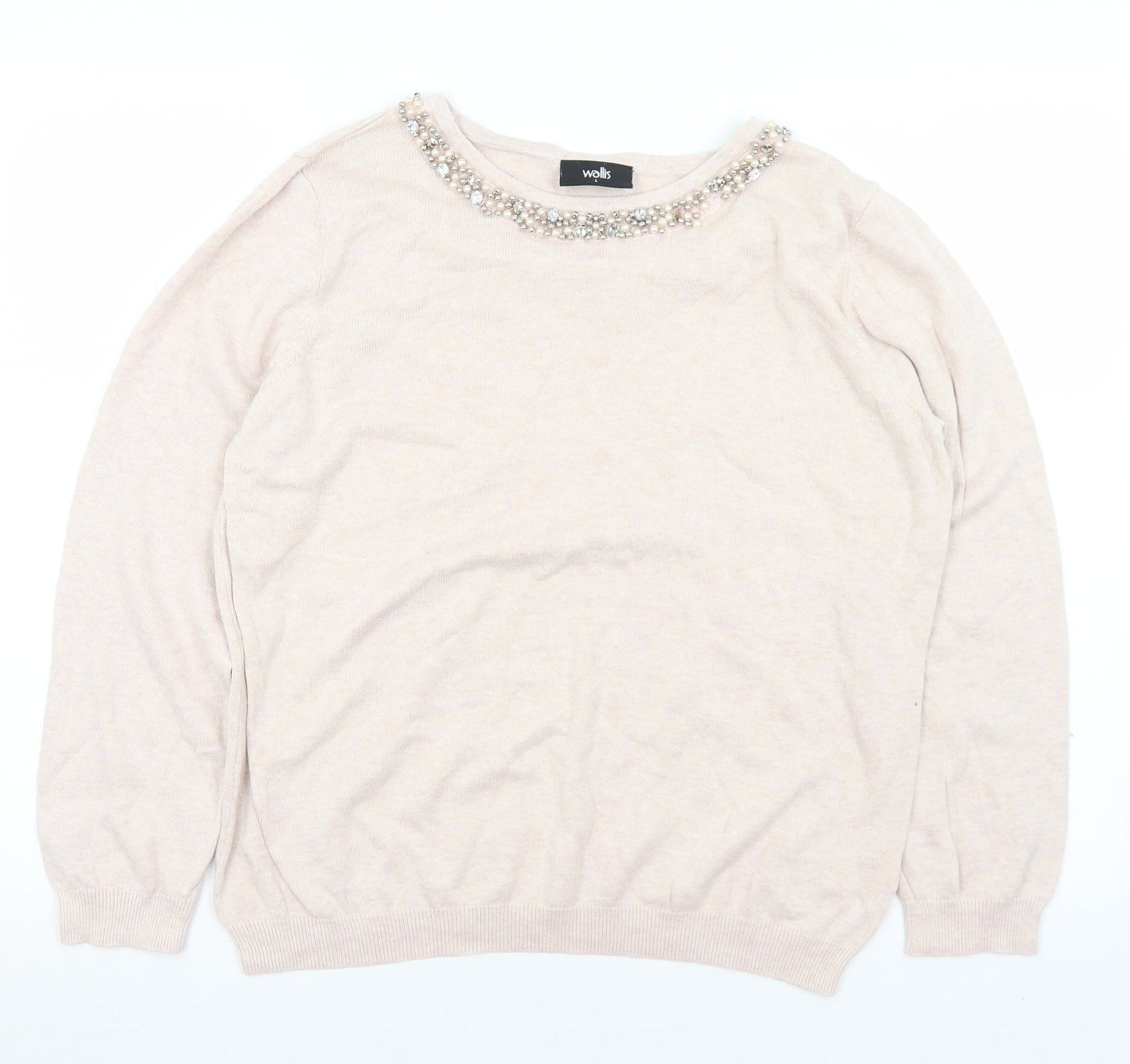 Wallis Womens Pink Round Neck  Cotton Pullover Jumper Size L   - Bead detail, small number of beads missing