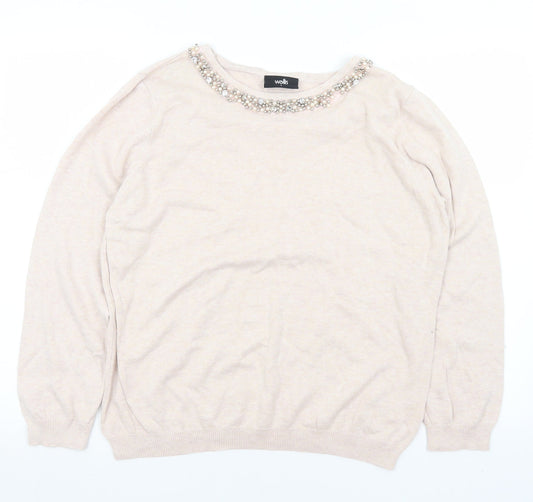 Wallis Womens Pink Round Neck  Cotton Pullover Jumper Size L   - Bead detail, small number of beads missing