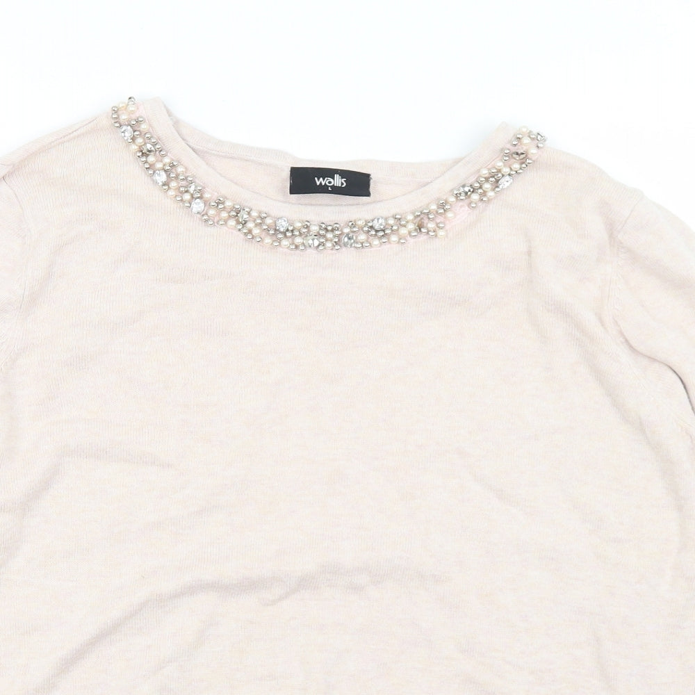 Wallis Womens Pink Round Neck  Cotton Pullover Jumper Size L   - Bead detail, small number of beads missing