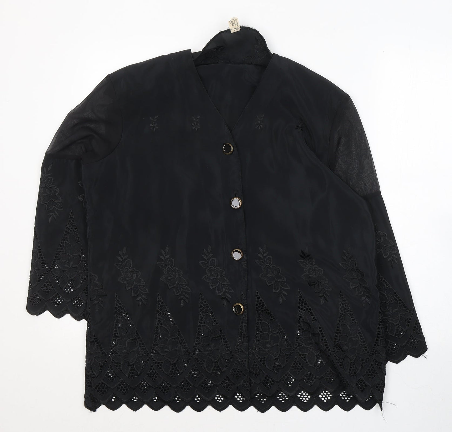 Preworn Womens Black Floral Polyester Basic Button-Up One Size Collared