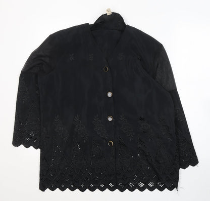 Preworn Womens Black Floral Polyester Basic Button-Up One Size Collared