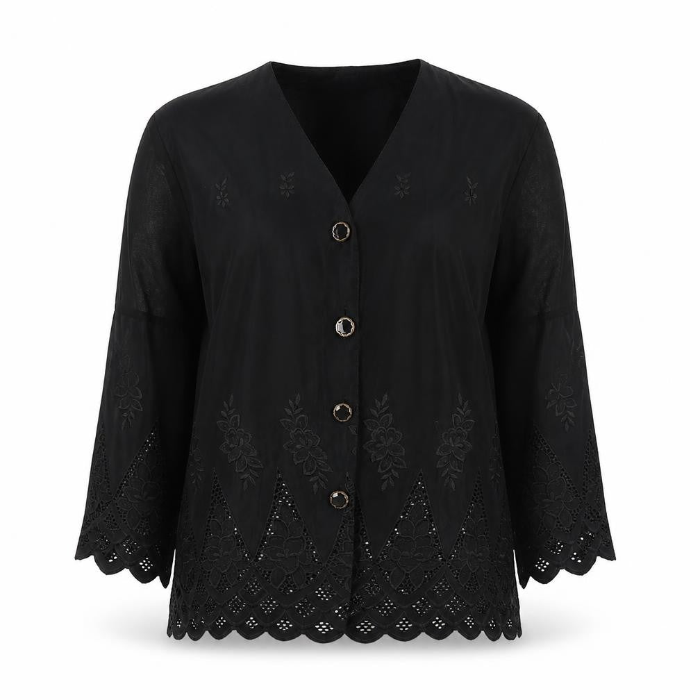 Preworn Womens Black Floral Polyester Basic Button-Up One Size Collared