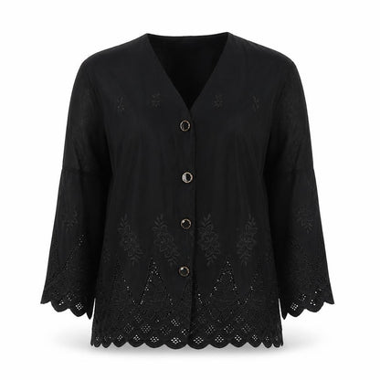 Preworn Womens Black Floral Polyester Basic Button-Up One Size Collared