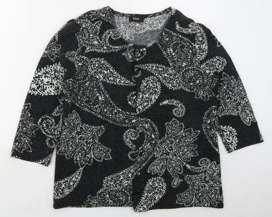 Flass Womens Grey Round Neck Paisley Acrylic Cardigan Jumper Size L