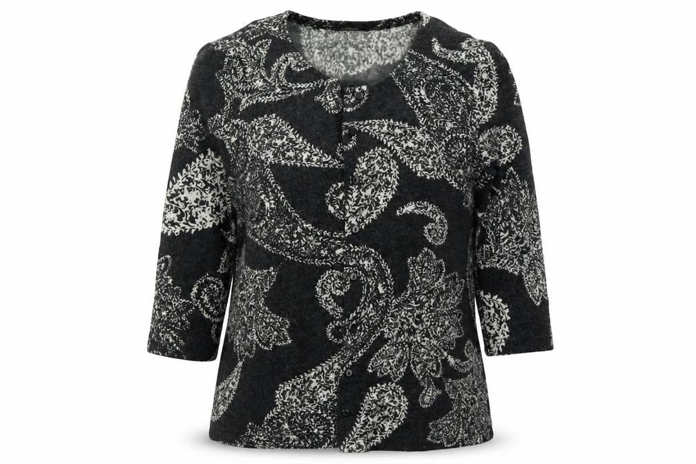 Flass Womens Grey Round Neck Paisley Acrylic Cardigan Jumper Size L