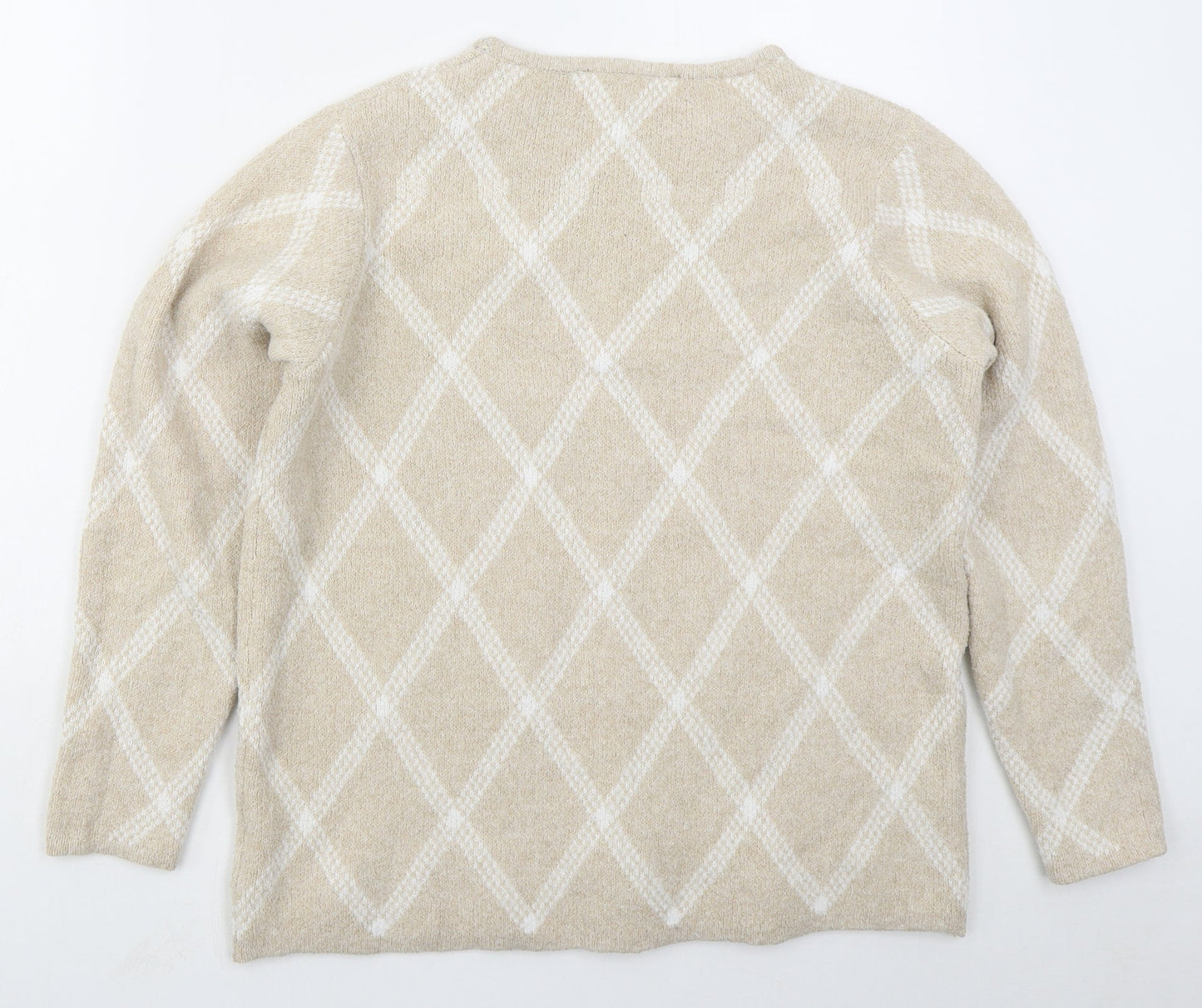 Bonmarché Womens Beige Crew Neck Argyle/Diamond Polyester Pullover Jumper Size 14