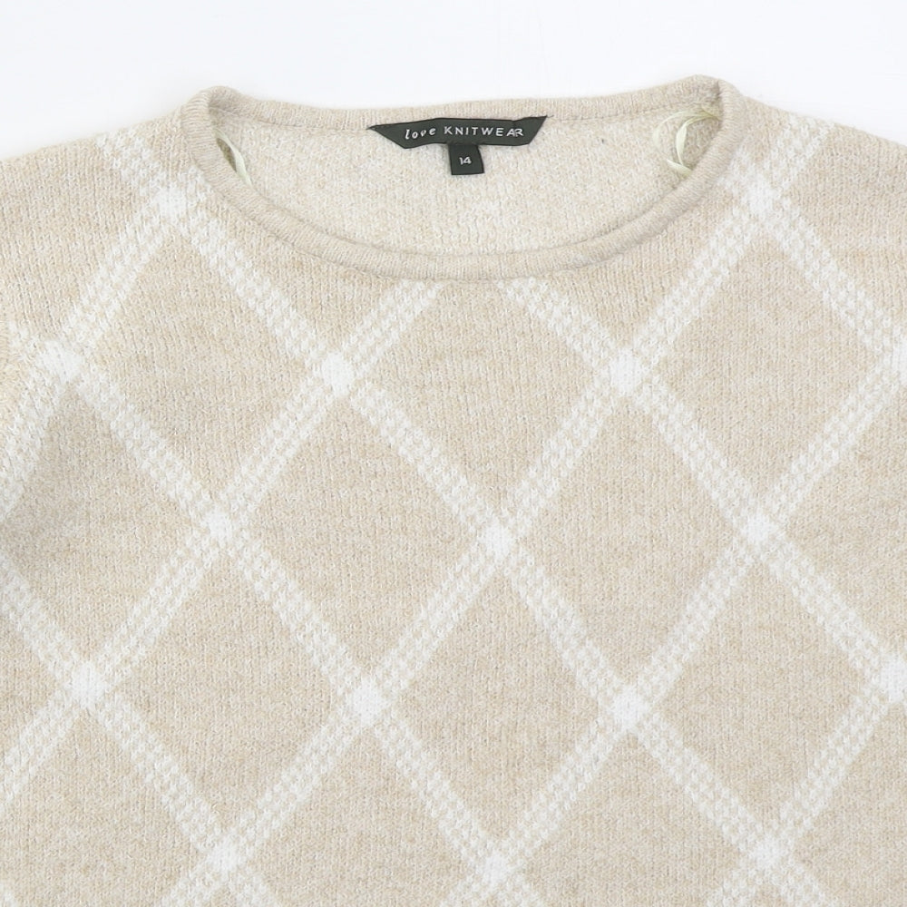 Bonmarché Womens Beige Crew Neck Argyle/Diamond Polyester Pullover Jumper Size 14