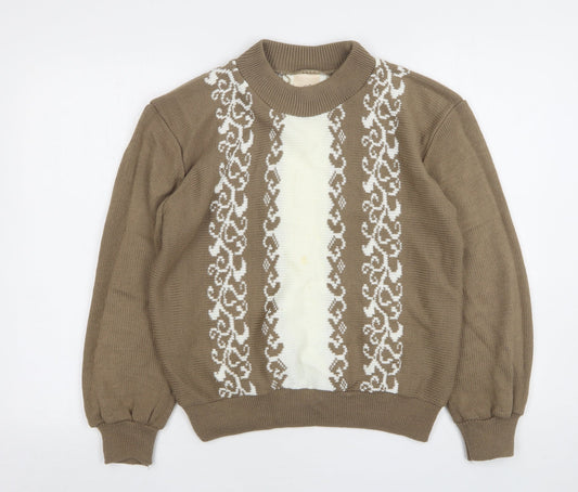 Compliments Womens Brown Round Neck Fair Isle Acrylic Pullover Jumper Size 12