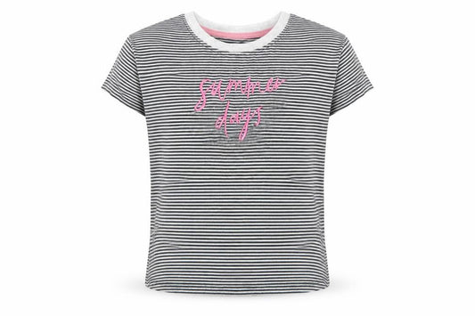 Tu Girls Black Striped Cotton Basic T-Shirt Size 9 Years Boat Neck Pullover - Summer Days
