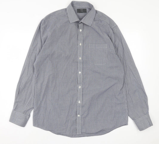 Marks and Spencer Mens Blue Plaid Polyester  Button-Up Size 16.5 Collared Button