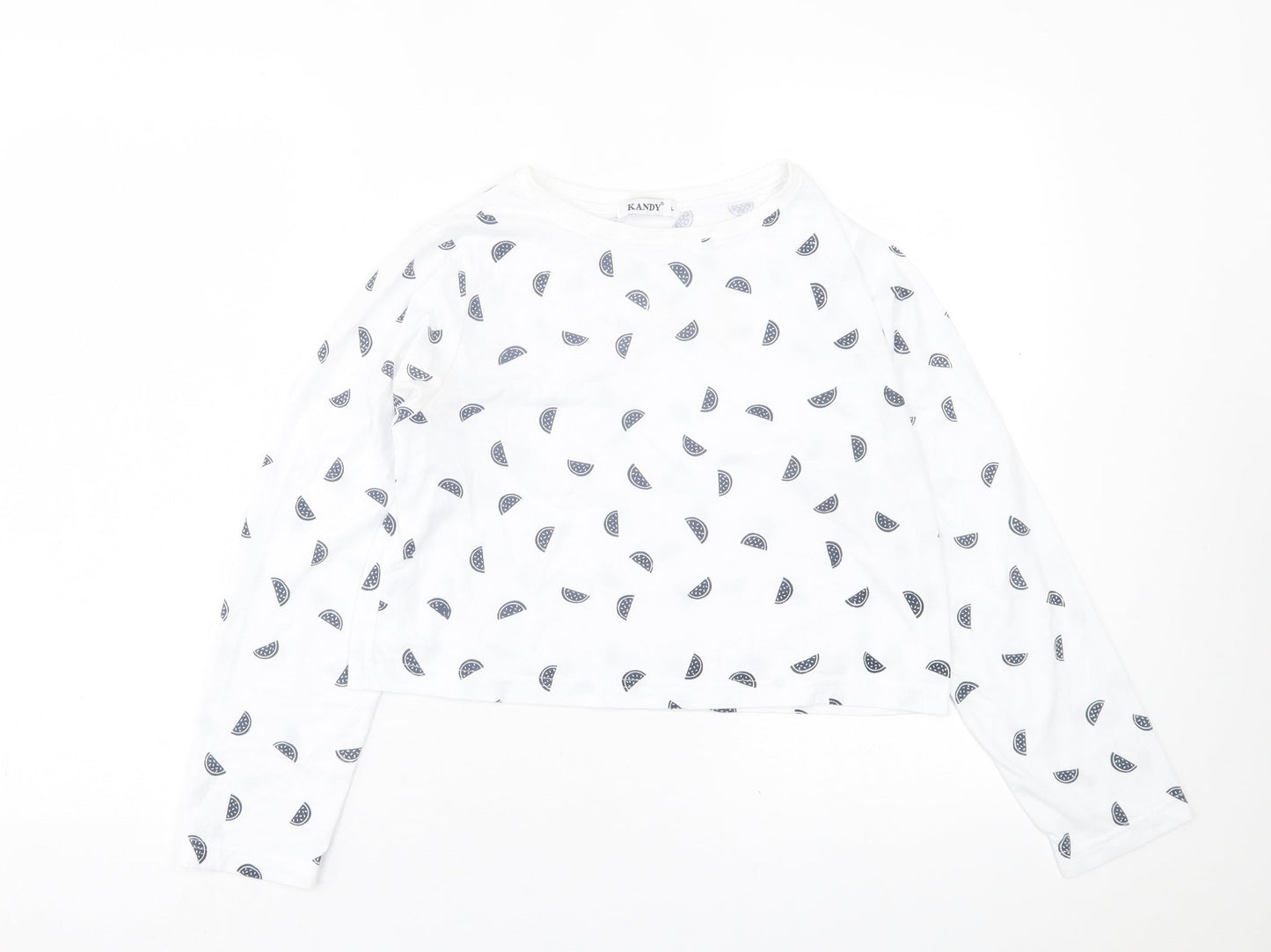 KANDY Womens White Geometric Polyester Cropped T-Shirt Size L Crew Neck