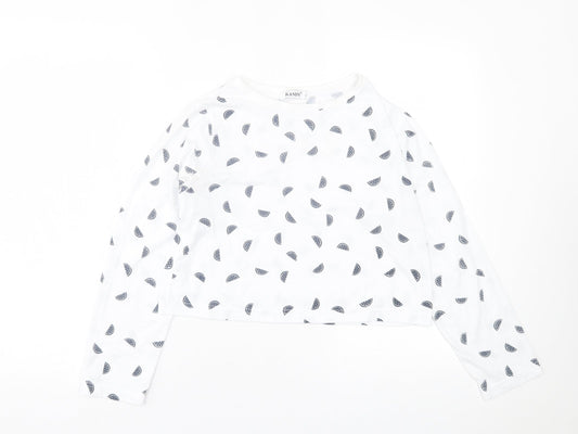 KANDY Womens White Geometric Polyester Cropped T-Shirt Size L Crew Neck