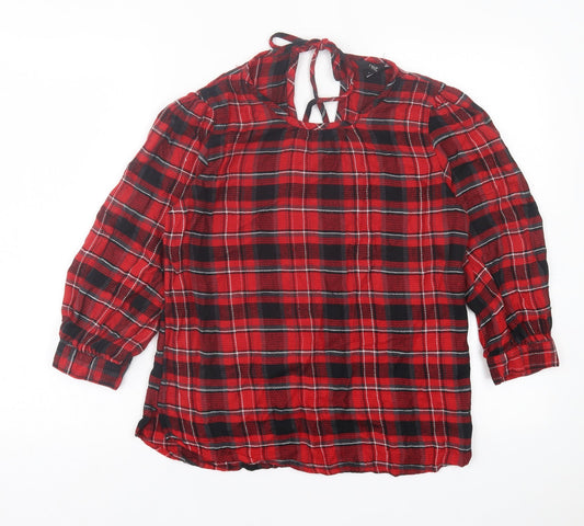 NEXT Womens Red Plaid Viscose Basic T-Shirt Size 8 Crew Neck